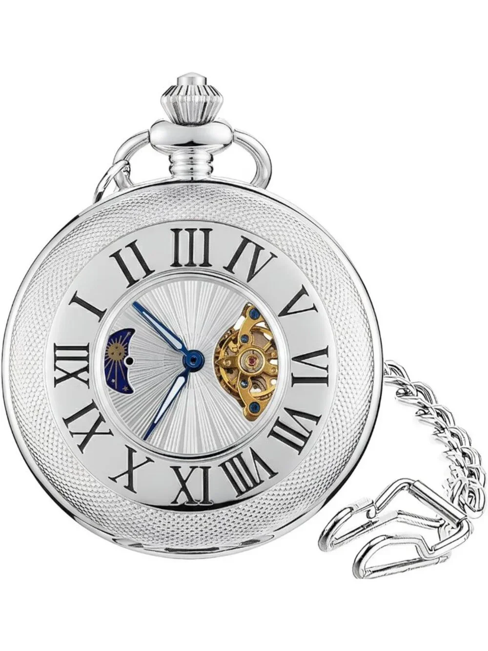 Vintage Mechanical Pocket Watch for Men - Moon Phase, Skeleton Face, Antique